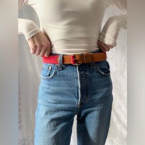 Vintage Liz Claiborne Red Woven Belt Leather Trim Beaded Buckle